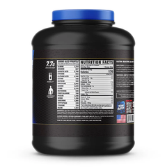 Supplement facts for RC King Whey Protein Blend 4lbs container with chocolate flavor and 35g protein per scoop for muscle growth.