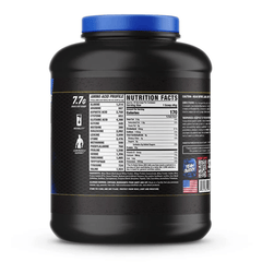 Supplement facts for RC King Whey Protein Blend 4lbs container with chocolate flavor and 35g protein per scoop for muscle growth.