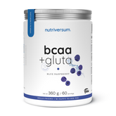 A white plastic tub of nutriversum bcaa + gluta supplement in Blue Raspberry flavor, featuring a silver metal lid and blue raspberry graphics on the label.