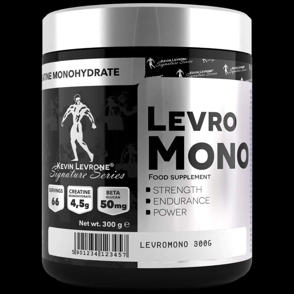 Levro Mono 300g creatine monohydrate supplement for strength, endurance, and power, promoting high-intensity exercise performance.