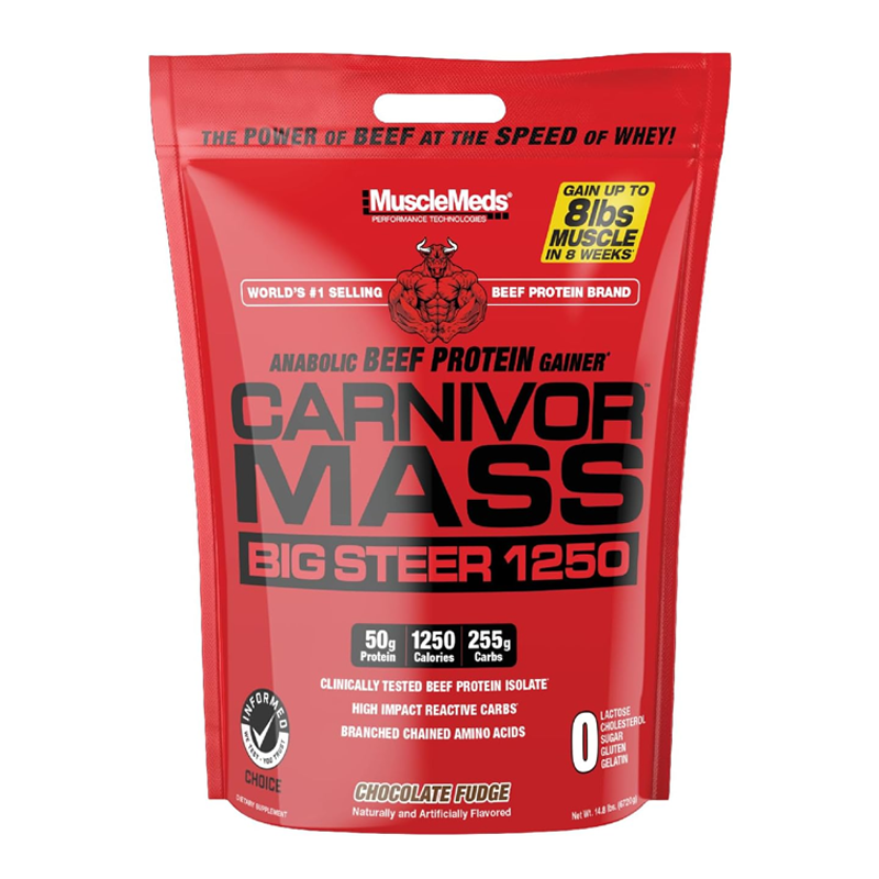 Carnivor Mass 7kg bag by MuscleMeds, featuring hydrolyzed beef protein for muscle gain and strength.