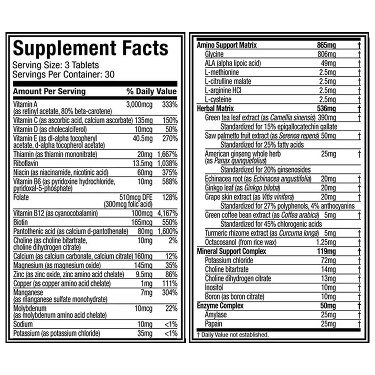 MuscleTech Platinum Multivitamin’s Supplement Facts label lists vitamins, minerals, daily values, and proprietary blends for nutrient support and performance—3 tablets per serving, 30 servings per container. MuscleTech Platinum Multivitamin’s Supplement Facts label lists vitamins, minerals, daily values, and proprietary blends for nutrient support and performance—3 tablets per serving, 30 servings per container.