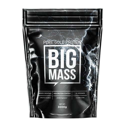 A sleek black pouch of Big Mass 3000g by Pure Gold Protein features lightning graphics and highlights its muscle gainer formula, high protein, added creatine, 25 servings, and a net weight of 3000g.