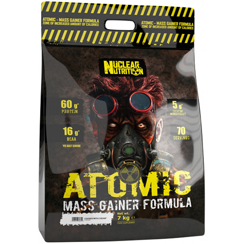 Nuclear Nutrition Atomic Mass Gainer 7Kg features a bold design with a gas mask-clad, muscular figure. Delivers 60g protein, 16g BCAA, 5g sugar per serving—70 servings total—for serious muscle mass gains from Nuclear Nutrition.