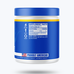 Supplement container with blue and white label on a white background