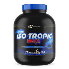 Ronnie Coleman ISO-Tropic Max protein powder jar with 25g protein per serving, limited edition flavor, ideal for muscle growth.