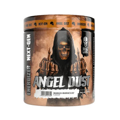 Container of 'Angel Dust' energy supplement with a skull and crossbones design on a white background
