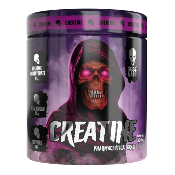 Skull Labs Skull Creatine 300g jar featuring a skull design and nutritional details for high intensity exercise support.