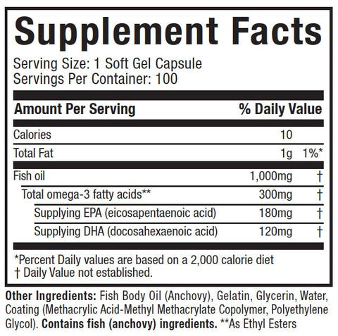 Supplement facts for MuscleTech Platinum 100% Fish Oil: Each softgel provides 10 calories, 1g fat, and 1000mg fish oil with omega-3s (180mg EPA, 120mg DHA). Other ingredients and daily values listed. Suitable for fish oil needs in Pakistan. Supplement facts for MuscleTech Platinum 100% Fish Oil: Each softgel provides 10 calories, 1g fat, and 1000mg fish oil with omega-3s (180mg EPA, 120mg DHA). Other ingredients and daily values listed. Suitable for fish oil needs in Pakistan.