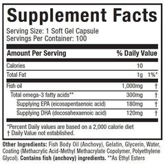 Supplement facts for MuscleTech Platinum 100% Fish Oil: Each softgel provides 10 calories, 1g fat, and 1000mg fish oil with omega-3s (180mg EPA, 120mg DHA). Other ingredients and daily values listed. Suitable for fish oil needs in Pakistan.