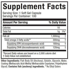 Supplement facts for MuscleTech Platinum 100% Fish Oil: Each softgel provides 10 calories, 1g fat, and 1000mg fish oil with omega-3s (180mg EPA, 120mg DHA). Other ingredients and daily values listed. Suitable for fish oil needs in Pakistan.