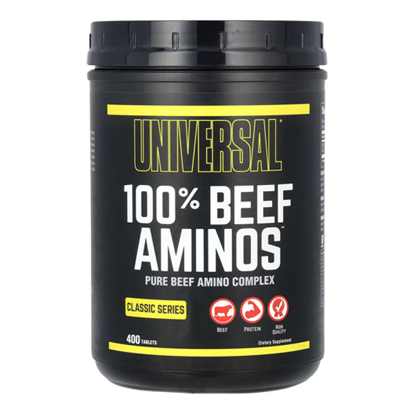 A black container labeled Universal Nutrition 100% Beef Aminos Pure Beef Amino Complex with yellow and white text, featuring beef protein, amino acids, and quality icons, contains 400 tablets.