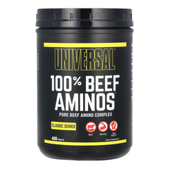 A black container labeled Universal Nutrition 100% Beef Aminos Pure Beef Amino Complex with yellow and white text, featuring beef protein, amino acids, and quality icons, contains 400 tablets.