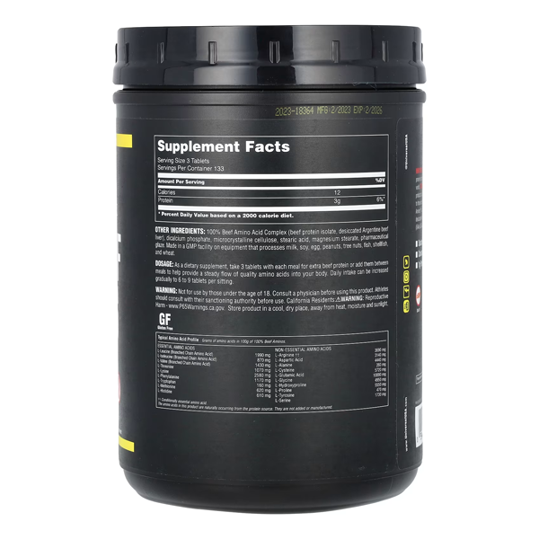 A black container of Universal Nutrition Universal 100% Beef Aminos features a label with supplement facts, amino acid content, ingredients, usage instructions, warnings, and a nutrition table in white text. Expiry date and barcode appear on the side. A black container of Universal Nutrition Universal 100% Beef Aminos features a label with supplement facts, amino acid content, ingredients, usage instructions, warnings, and a nutrition table in white text. Expiry date and barcode appear on the side.