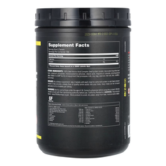 A black container of Universal Nutrition Universal 100% Beef Aminos features a label with supplement facts, amino acid content, ingredients, usage instructions, warnings, and a nutrition table in white text. Expiry date and barcode appear on the side.
