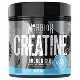 Warrior Creatine Micronized supplement container with Blue Razz flavor, 60 servings for muscle endurance and strength.