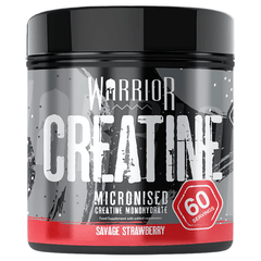 Warrior Creatine Micronized supplement container with Kiwi Strawberry flavor, 60 servings for muscle endurance and strength.