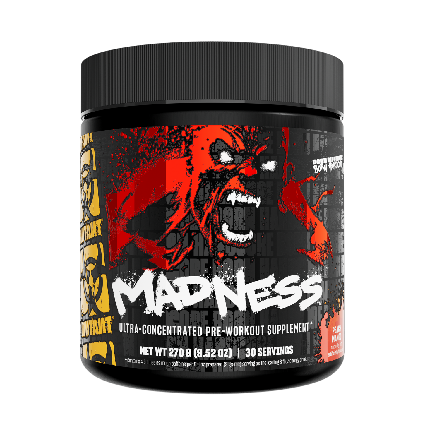 Pre-workout supplement container with a red and black label featuring a fierce animal design on a white background.