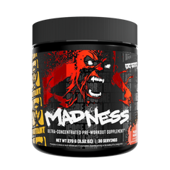 Pre-workout supplement container with a red and black label featuring a fierce animal design on a white background.