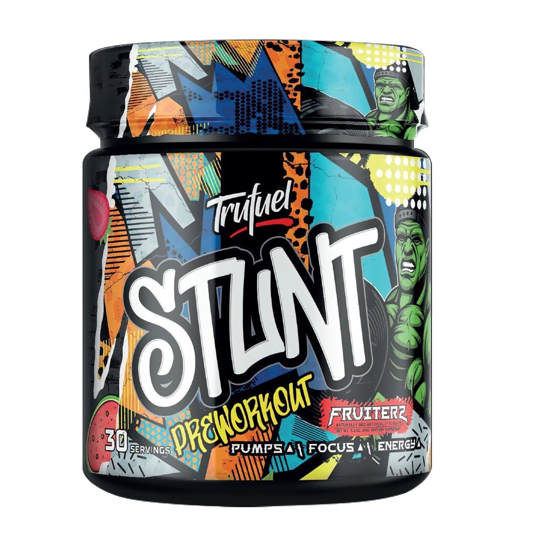 A container of Trufuel Stunt Pre-Workout supplement, featuring a colorful comic book style label with the Hulk character and bold white 'STUNT' lettering on a black background.