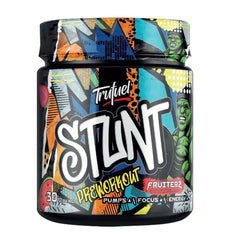 A container of Trufuel Stunt Pre-Workout supplement, featuring a colorful comic book style label with the Hulk character and bold white 'STUNT' lettering on a black background.