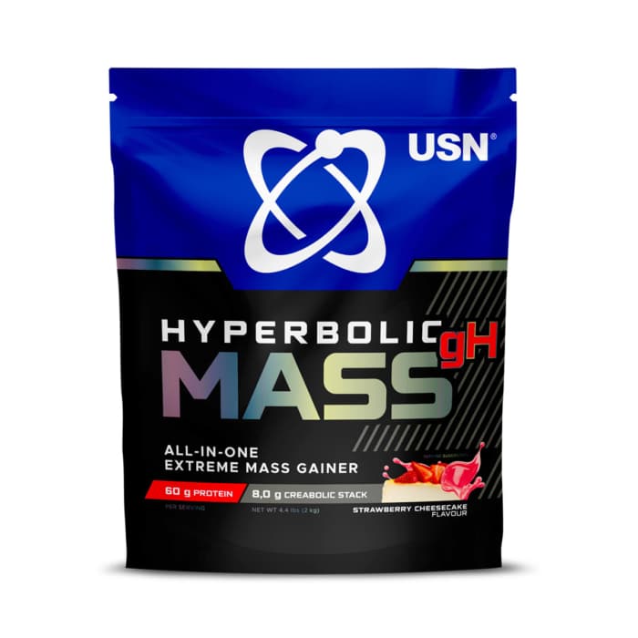 A blue and black 2kg bag of USN Hyperbolic Mass gH, an all-in-one mass gainer for muscle gains in strawberry cheesecake flavor, highlights 60g protein, 8g creatine stack, and shows a strawberry cheesecake image on the front.