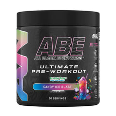 Black pre-workout supplement container with colorful label on a gray background