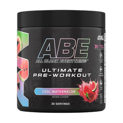 Black container of ABE All Black Everything pre-workout supplement on a gray background