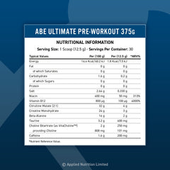 supplement facts of  Black container of ABE All Black Everything pre-workout supplement on a gray background