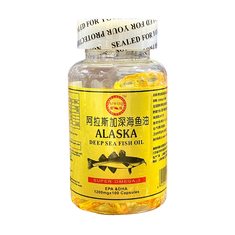 A clear bottle of Silver Fox Supplement Alaska Deep Sea Fish Oil 100 Softgels has a yellow fish-illustrated label with Chinese/English text. It highlights omega-3 fatty acids, EPA & DHA 1200mg, and comes with a sealed cap.