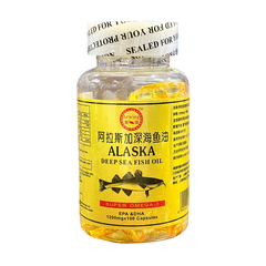 A clear bottle of Silver Fox Supplement Alaska Deep Sea Fish Oil 100 Softgels has a yellow fish-illustrated label with Chinese/English text. It highlights omega-3 fatty acids, EPA & DHA 1200mg, and comes with a sealed cap.
