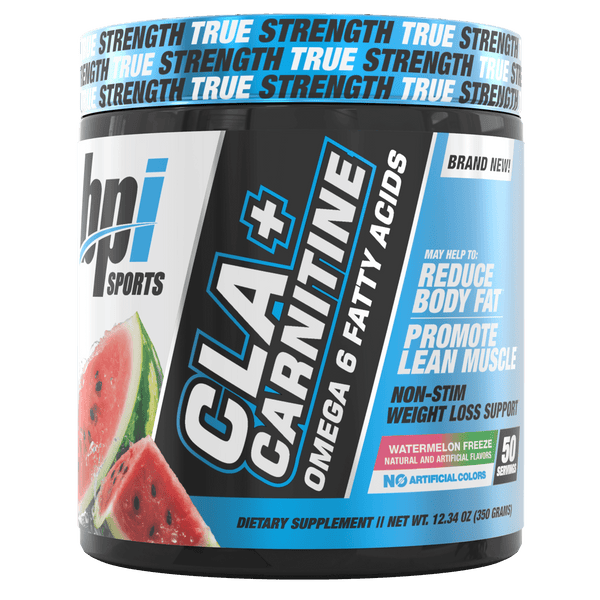 BPI Sport CLA+ Carnitine powder container for weight loss, featuring non-stimulant, sugar-free formula with 50 servings.