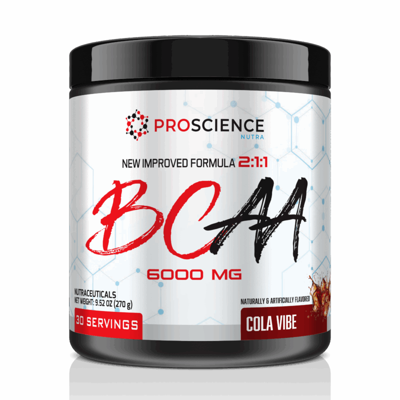 A black plastic tub of ProScience Nutra BCAA 6000 MG powder in Cola Vibe flavor, shown on a clean white background with a subtle reflection.