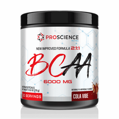 A black plastic tub of ProScience Nutra BCAA 6000 MG powder in Cola Vibe flavor, shown on a clean white background with a subtle reflection.