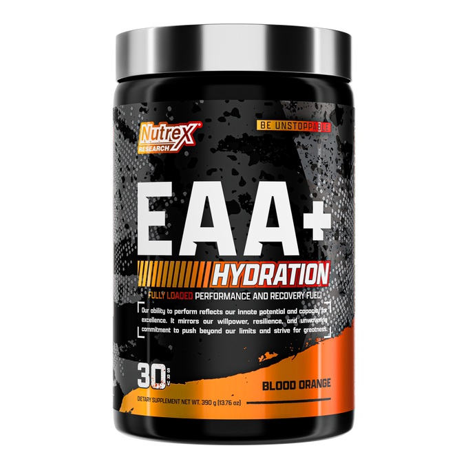 EAA+ Hydration supplement by Nutrex Research, 30 servings in Blood Orange flavor for muscle recovery and hydration.