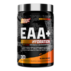 EAA+ Hydration supplement by Nutrex Research, 30 servings in Blood Orange flavor for muscle recovery and hydration.