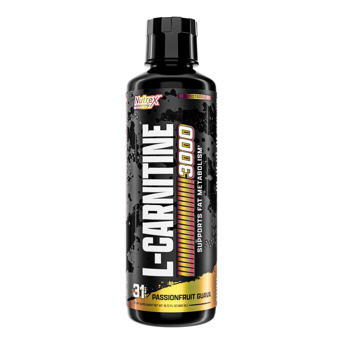 A black bottle of Nutrex Research Liquid Carnitine 3000 with passionfruit guava flavor, bold white and gold lettering, and a label promoting fat-burning benefits and muscle recovery support.