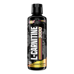 A black bottle of Nutrex Research Liquid Carnitine 3000 with passionfruit guava flavor, bold white and gold lettering, and a label promoting fat-burning benefits and muscle recovery support.