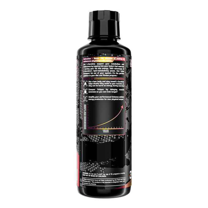 A black plastic bottle with a black cap shows a detailed label featuring Nutrex Research branding, Liquid Carnitine 3000 Liquid product name, text, a yellow upward-trending graph suggesting fat-burning benefits, and background graphics.