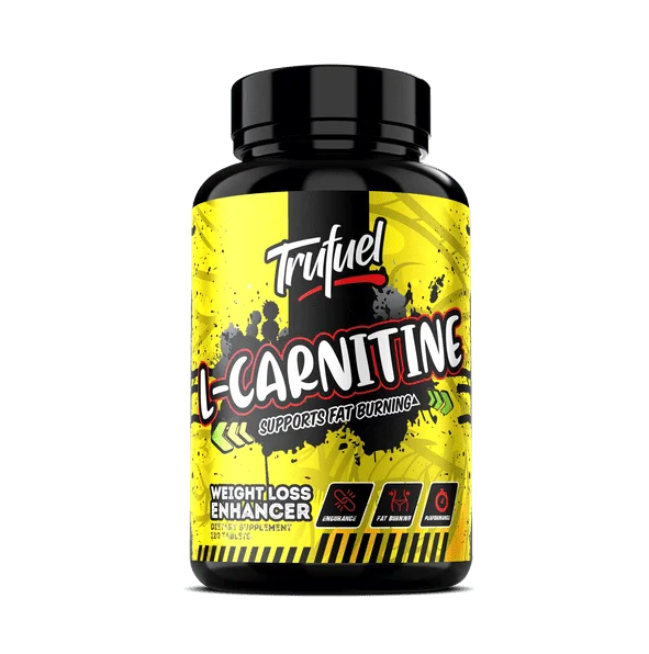 TruFuel L-Carnitine supplement bottle, supports fat burning and weight loss, 120 tabs, vibrant yellow design.