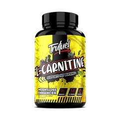 TruFuel L-Carnitine supplement bottle, supports fat burning and weight loss, 120 tabs, vibrant yellow design.