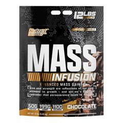 A 12 lb (5.45 kg) black and silver bag of Nutrex Research Mass Infusion, a powerful mass gainer providing 50g protein, 199g carbs, and 1100 calories per serving, features bold text and chocolate-themed graphics.
