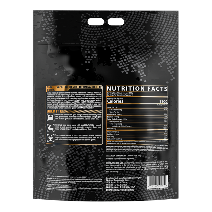 Back of a black Mass Infusion 12lbs by Nutrex Research bag showing Nutrition Facts, usage instructions, and ingredients in white and orange text, with dotted pattern and double handle cutouts at the top for muscle growth support.