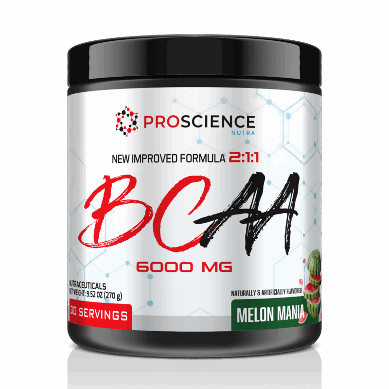 A black plastic tub of Proscience BCAA 6000 MG dietary supplement powder in Melon Mana flavor, featuring a white label with red and black lettering.