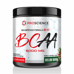 A black plastic tub of Proscience BCAA 6000 MG dietary supplement powder in Melon Mana flavor, featuring a white label with red and black lettering.