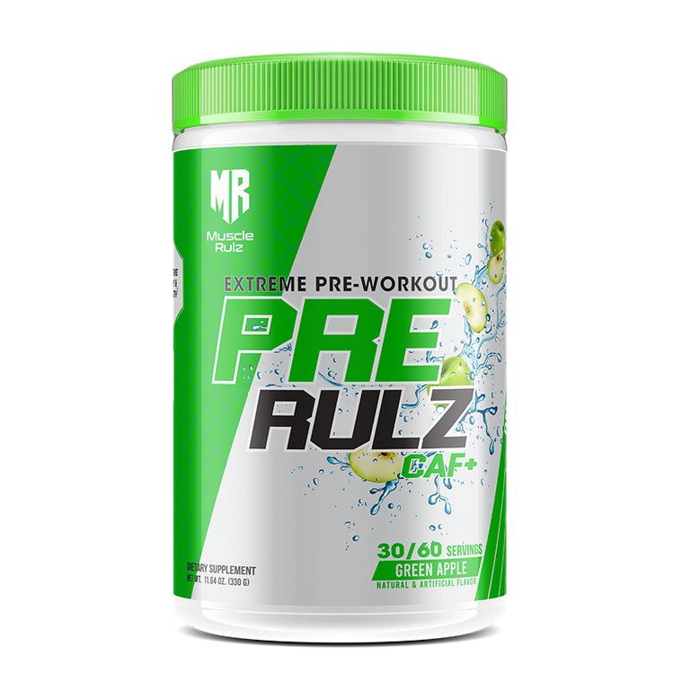 Pre-workout supplement container with green and white design on a white background