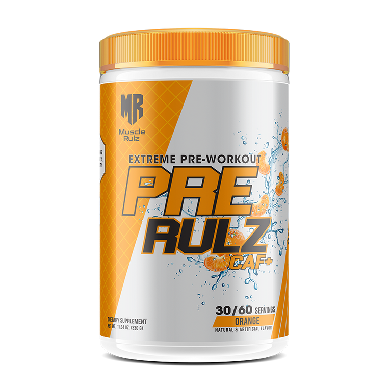 Pre-workout supplement container with orange and white design on a white background