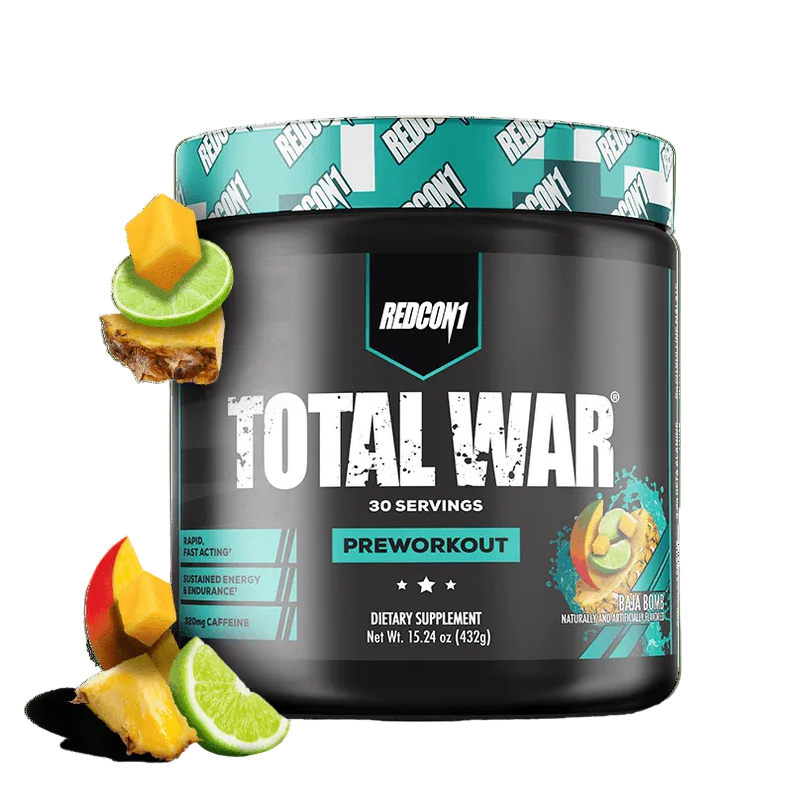Preworkout supplement container with fruit on a green background