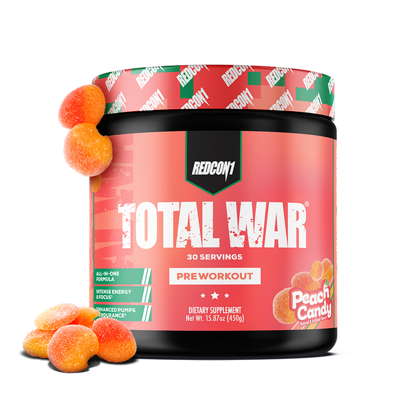 Redcon1 Total War pre-workout supplement with peach candy flavor on a white background