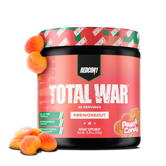 Redcon1 Total War pre-workout supplement with peach candy flavor on a white background